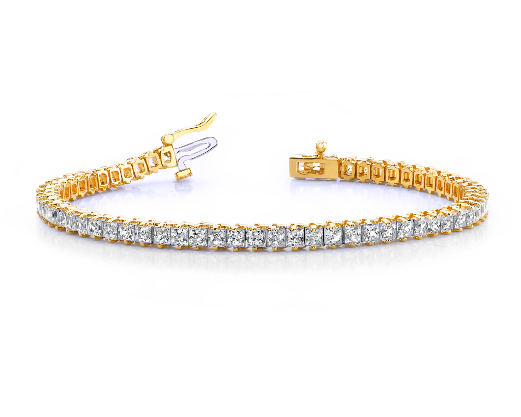 Dubai Gems Princess Cut Tennis Bracelet – Yellow Gold Finish – Created Diamond – 8 Inch With Gift Box
